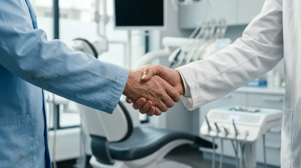 Stretta di mano tra medico dentista e odontotecnico del laboratorio Aeffe di Savona per collaborazione professionale.