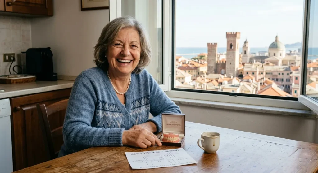 Signora anziana sorridente nella sua cucina a Savona con la protesi riparata sul tavolo e le torri del Brandale sullo sfondo